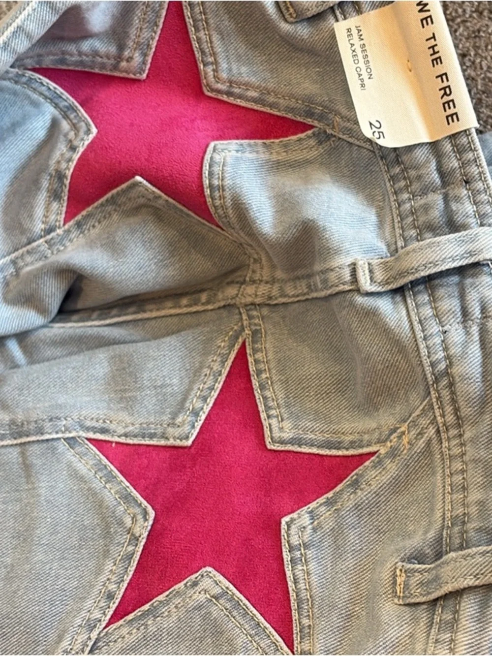 Light Wash Star Patch Jeans - Pink Stars
